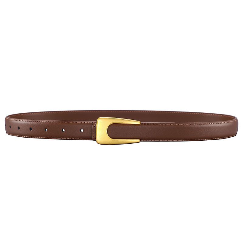 New Hot Retro New Women's U-button Cowhide Belt with A Thin 2.3 Width, Simple and Versatile Decorative Dress, Suit Belt, Female Trimmings    _voghion.com