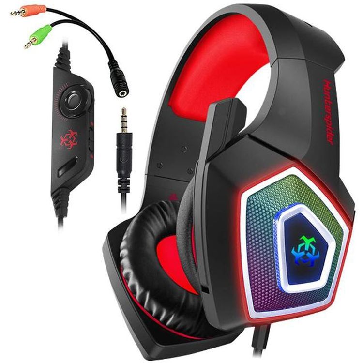 V1 3.5mm RGB Colorful Luminous Wire Control Gaming Headset, Cable Length: 2.2m(Black Red)_voghion.com