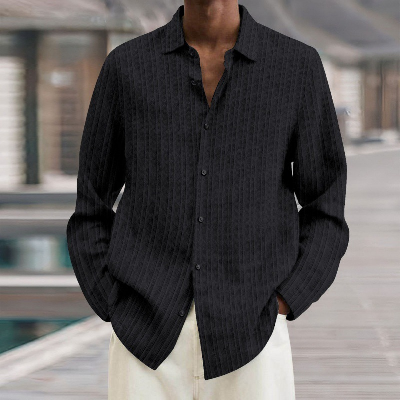Vêtements pour hommes quatre saisons à manches longues revers bouton ample coton rayure cardigan chemise homme_voghion.com