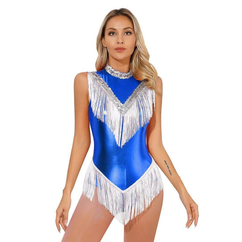 designerYeahdor Womens Metallic Zip Back One Piece Dancewear Bodysuit Shiny Sequins Fringed Leotard for Latin Dance Performance Sleeveless Soft_voghion.com