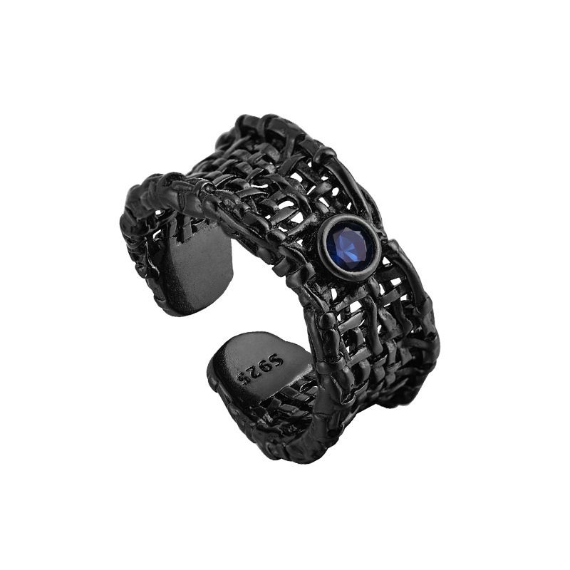 836 Anello in argento puro con zircone blu intarsiato, stile coreano, personalità minimalista, maglia intrecciata, design cavo_voghion.com