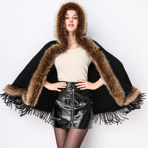 Fur collar hooded shawl cape fringed knitted coat fur cape cardigan_voghion.com