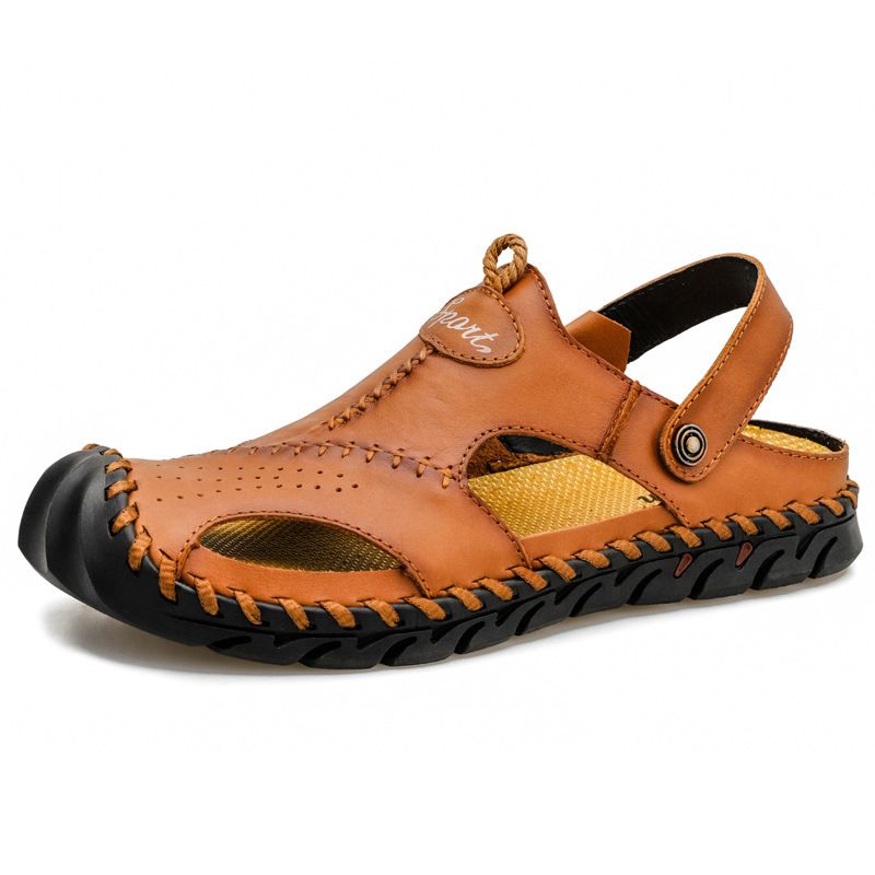 Sandales de plage pour hommes, grande taille, respirantes, décontractées, creuses, en cuir de vache, chaussures pour hommes_voghion.com