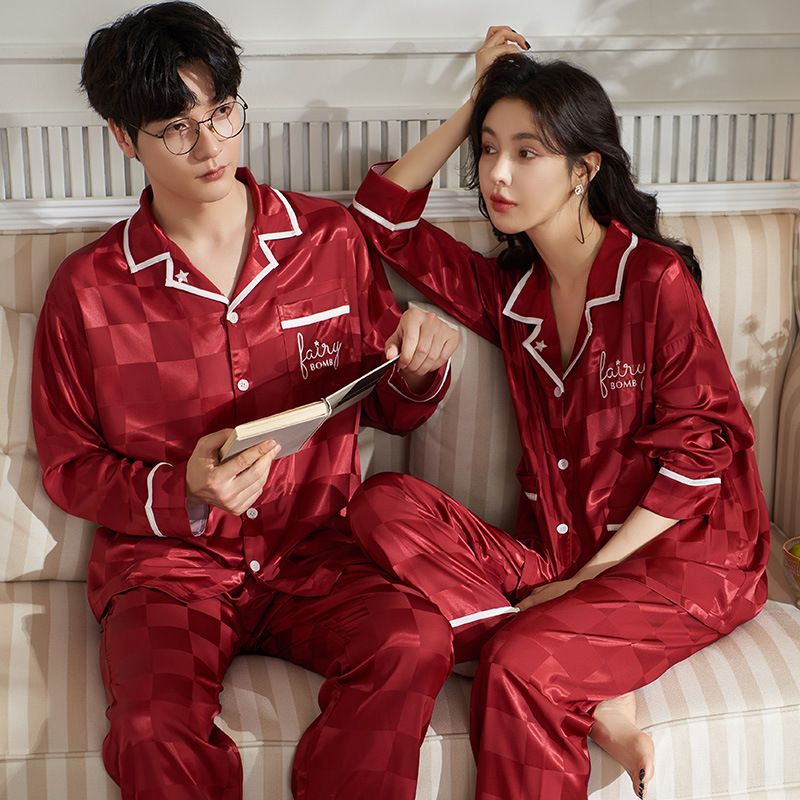 Autumn winter couple cardigans, pajamas, long sleeved pants, zodiac year men women's ice and snow silk big red wedding_voghion.com