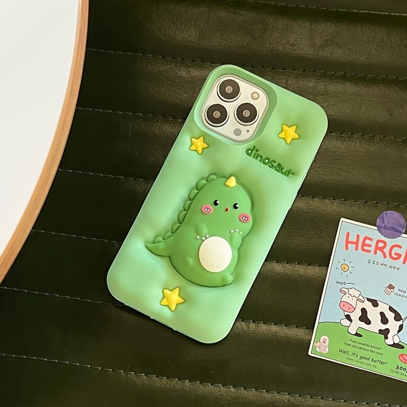 Embossed Cute 3D Dinosaur Silicone Phone Case for , Shockproof Protective Cover with Pop Bubble Design, Green_voghion.com