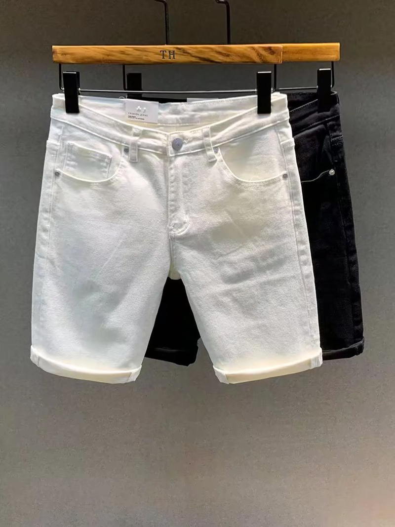 Herrenbekleidung Schwarze und weiße Jeansshorts für Herren, dünne Trend-Shorts mit mittlerer Taille, lässige Viertelhose_voghion.com