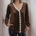 Elegant Vintage Velvet Blouse With V-Neck & Lace Trim - Fall/Winter Boho Chic Shirt For Women, Loose Fit With Puff Sleeves (Brown, S/M/L/Xl)_voghion.com