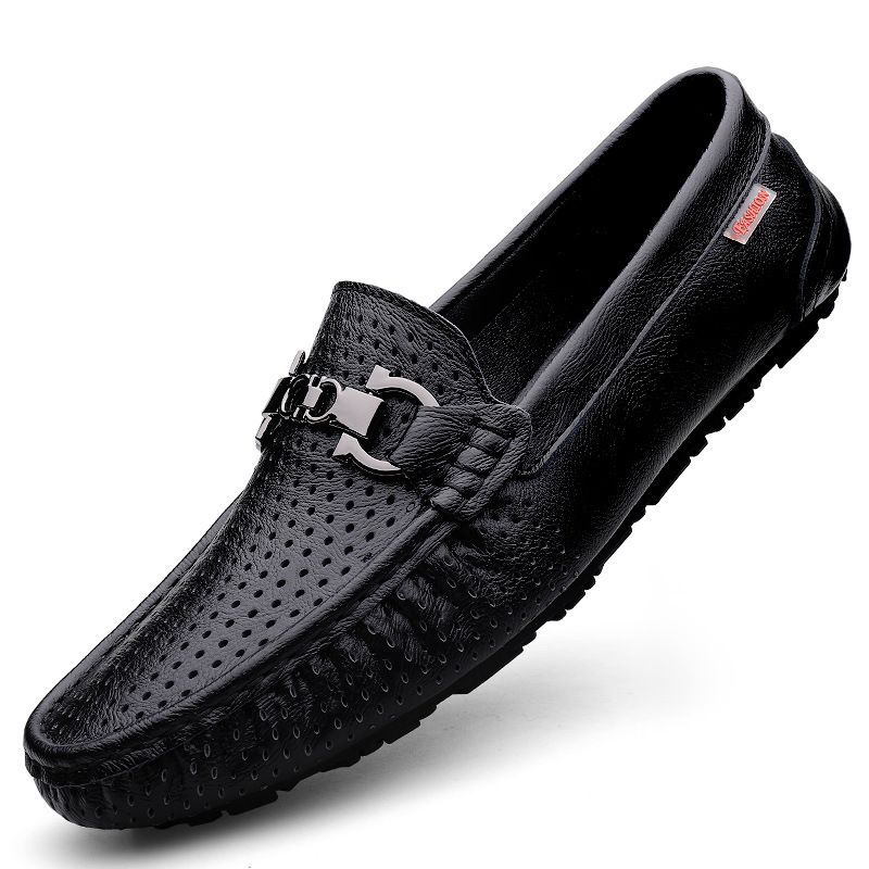 Live broadcast popular beanie shoes men's genuine leather cowhide cross-border high-end hollow one-leg men's breathable British lazy shoes_voghion.com