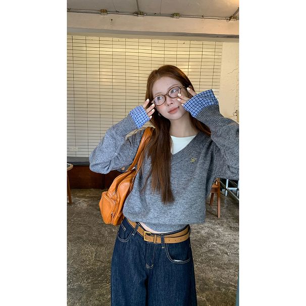 Lazy Style For Women Autumn Outfit Inner Layer Base Long Sleeve Top Loose Coat Gray Knitted Sweater_voghion.com