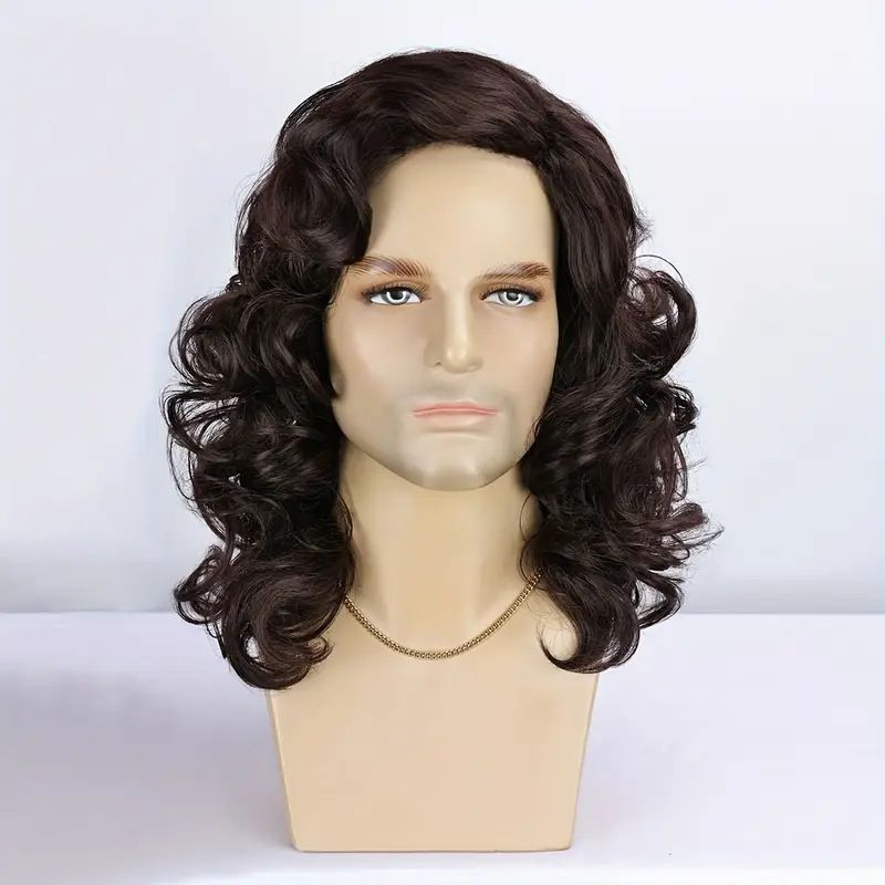 Kairuisi Men's Brown Side Part Medium Long Curly Wig - Heat Resistant Synthetic Hair With Rose Net Cap For Natural Look & Comfort (M1458)_voghion.com
