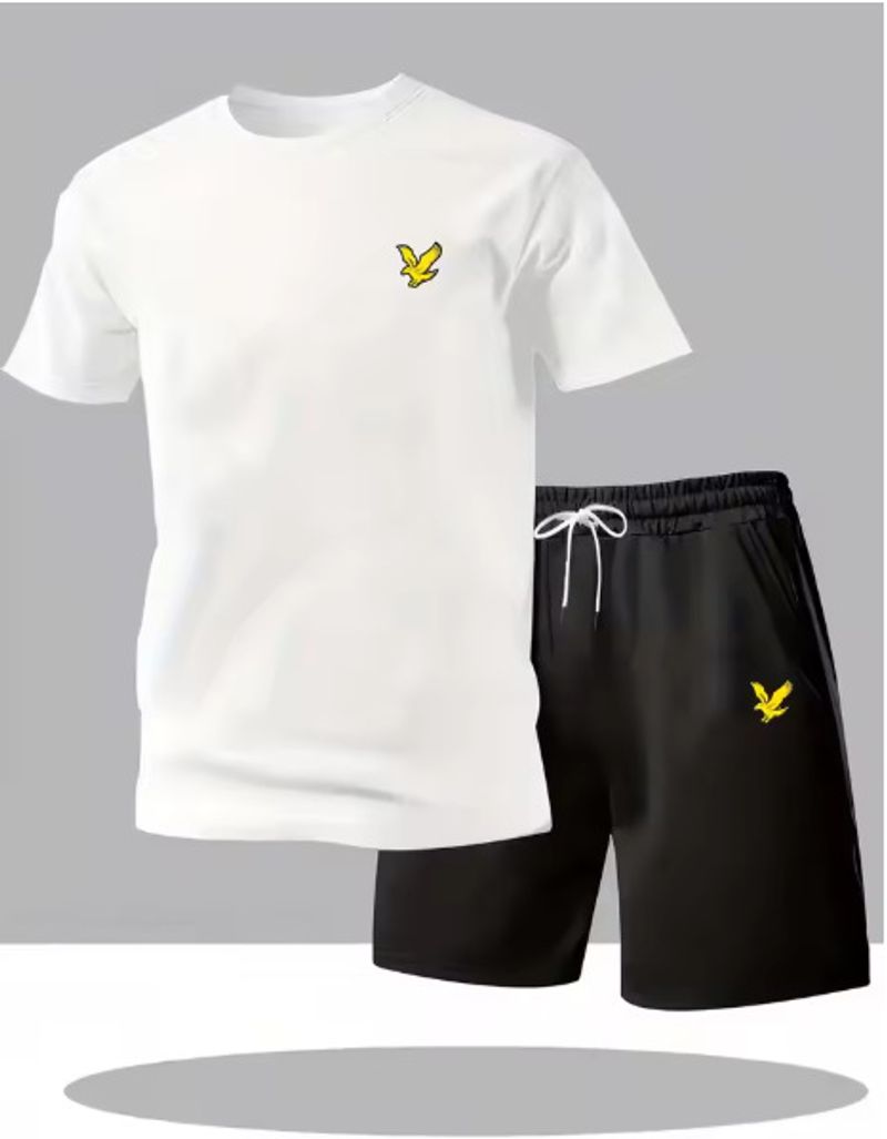 Completo estivo da uomo con maglietta e pantaloncini - Completo sportivo casual con stampa di aquila, poliestere traspirante, vestibilità ampia per l'uso quotidiano sportivo (S-XXL, bianco)_voghion.com