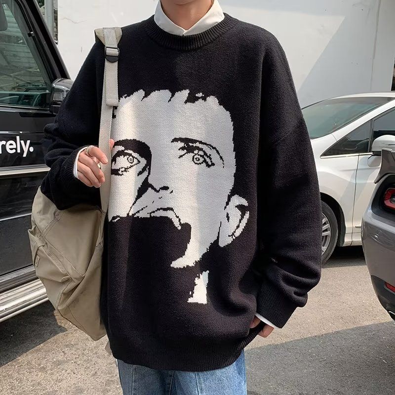 Maglione lavorato a maglia da uomo in stile Hong Kong – Pullover spesso oversize con scollo rotondo per autunno e inverno (nero/verde, M-2XL)_voghion.com