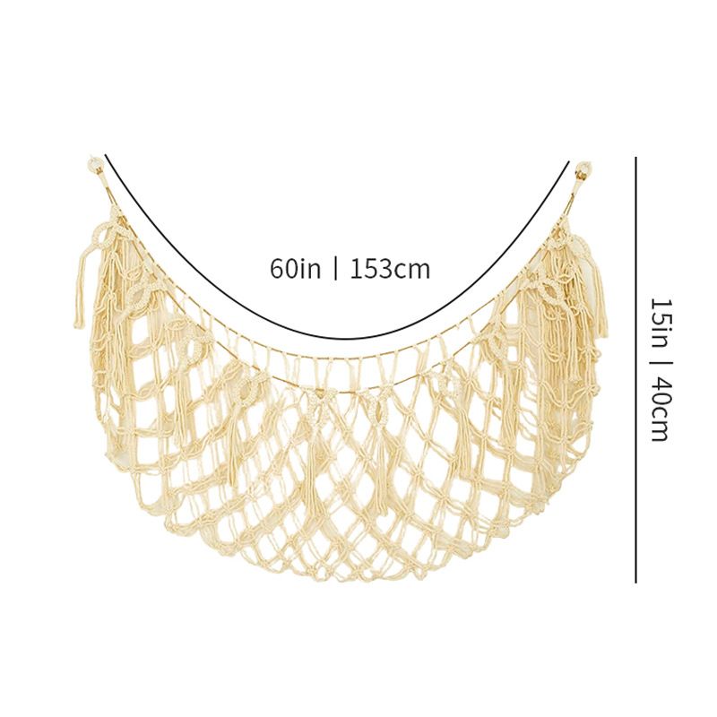 Αιώρα αποθήκευσης παιχνιδιών σε διαγώνια γραμμή, πολύχρωμη, χειροποίητη υφασμένη βαμβακερή σχοινιά, βελούδινη τσέπη τοίχου, διακοσμητική τσέπη με φούντα και δίχτυ για παιχνίδι_voghion.com