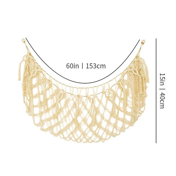 Αιώρα αποθήκευσης παιχνιδιών σε διαγώνια γραμμή, πολύχρωμη, χειροποίητη υφασμένη βαμβακερή σχοινιά, βελούδινη τσέπη τοίχου, διακοσμητική τσέπη με φούντα και δίχτυ για παιχνίδι_voghion.com