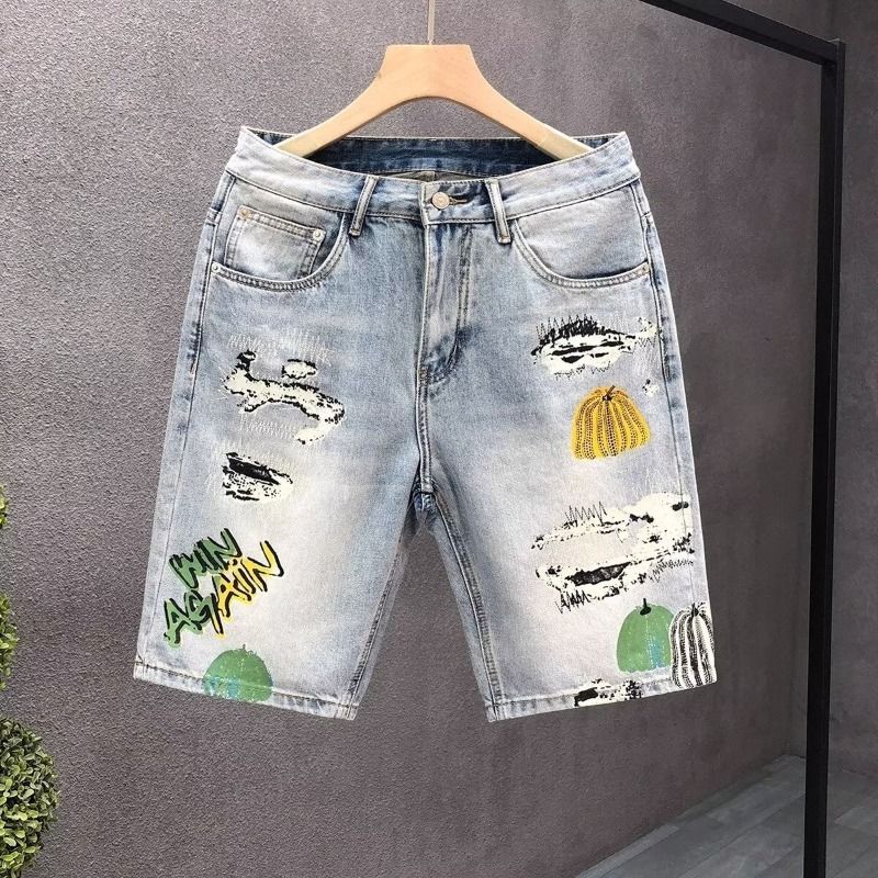 Men's Clothing Personalized Printed Loose Denim Shorts Men's Retro Distressed Light Colored Washed Large Size Shorts_voghion.com