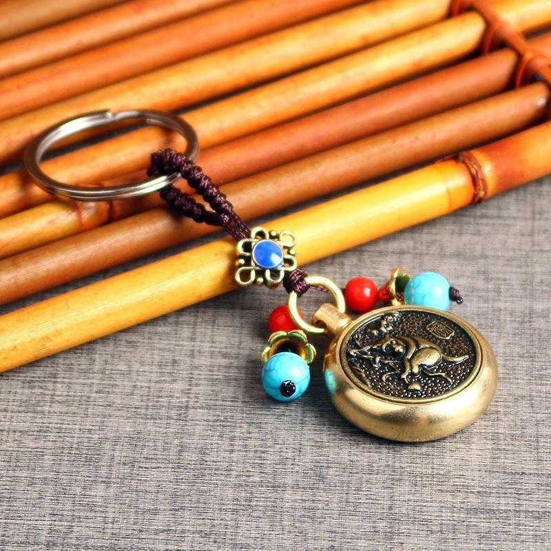 Pendentif en laiton représentant un petit nœud chinois en forme de gourde avec des perles bleues tournantes, saint patron du zodiaque_voghion.com