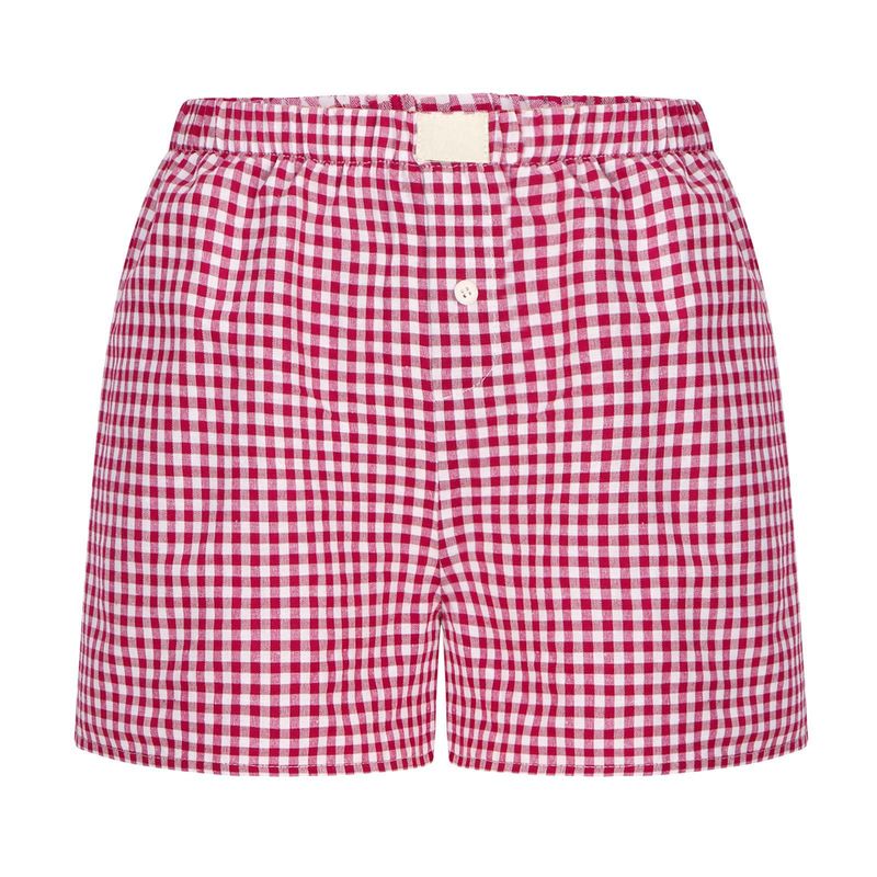 Shorts för kvinnor tonårsflickor elastiskt midjeband pull-on rödblå rutiga shorts outfit casual lounge sommarshorts_voghion.com