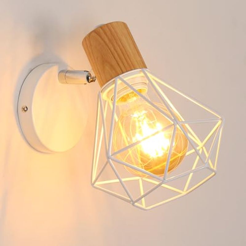 GOECO Wandleuchte mit Diamantholz-Design, Farbe Weiß, Größe 20 x 15,5 x 13,5 cm, mit verchromtem Drehkopf, E27-Fassung, Glühbirne nicht enthalten_voghion.com