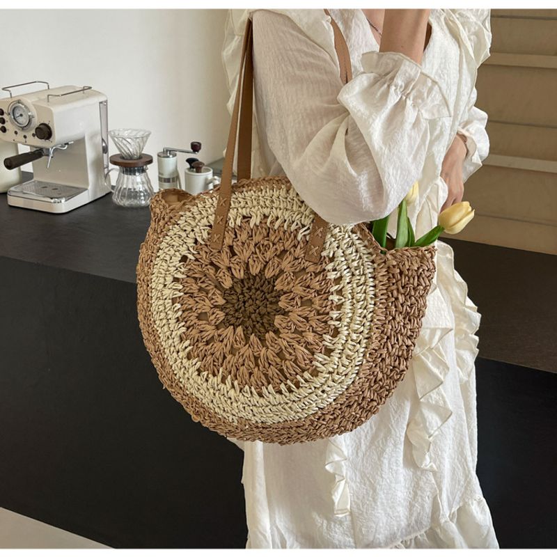 Grand sac de paille rond à fermeture éclair pour femmes, grand bloc de couleurs en paille, vacances plage_voghion.com