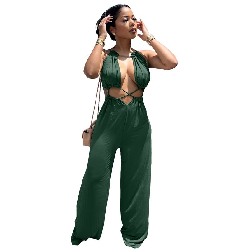 Damenbekleidung sexy unregelmäßige Träger umwickelte Brust lockerer Jumpsuit mit weitem Bein schwarz ausverkauft_voghion.com