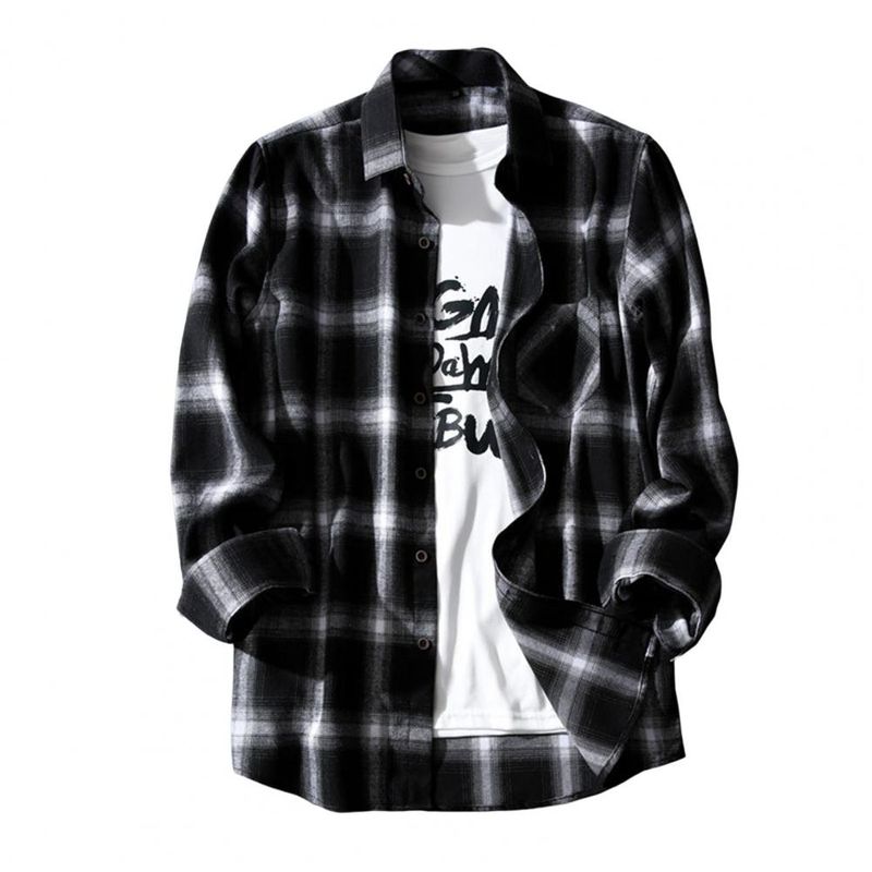 Schwarz Weiß Karierte Hemden Männer Kariertes Hemd Mantel Langarmhemden Männliche Casual Jugendjacke Dünner Mantel Langarm Knöpfe Hemden_voghion.com