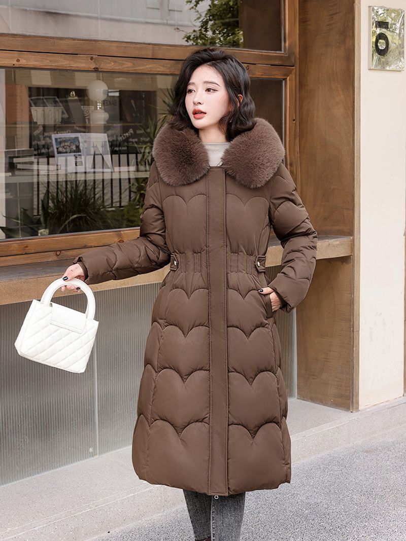 Damenbekleidung Langer, wattierter Mantel mit abnehmbarer Fellkapuze, übergroßer Winterparka, warme A-Linien-Jacke für lässige Mode (erhältlich in Beige, Khaki)​_voghion.com