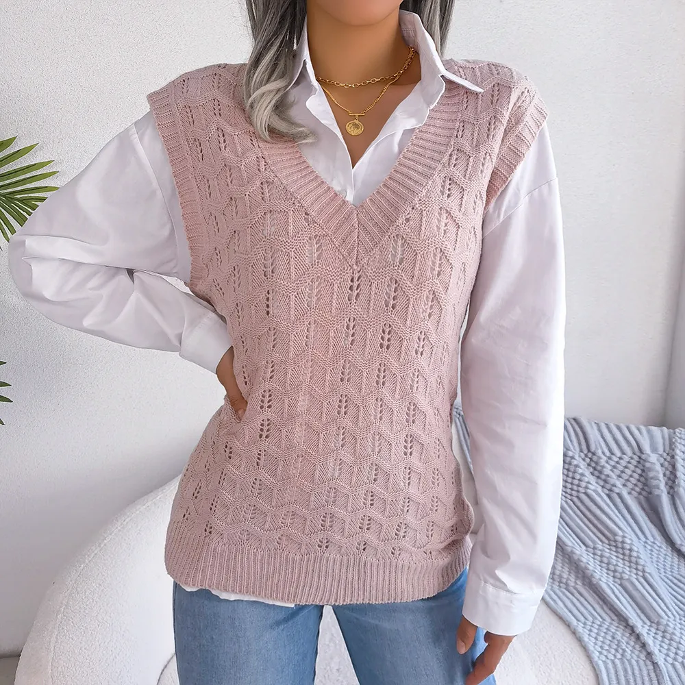 Women's clothing solid color hollow wavy V-neck knitted vest sweater independent station women's clothing_voghion.com