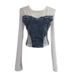 Damenbekleidung Mädchen Design Mesh Splicing Denim Top Langarm Bottoming Shirt Schlankes kurzes Nischen-T-Shirt_voghion.com