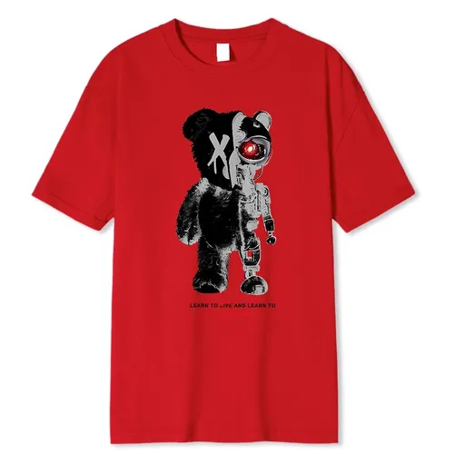 Nallebjörn, Halv Robotbjörn Tryckt Herr T-shirt Casual Bomull Sommarkläder Andningsbara Toppar Löst Mode T-shirt_voghion.com