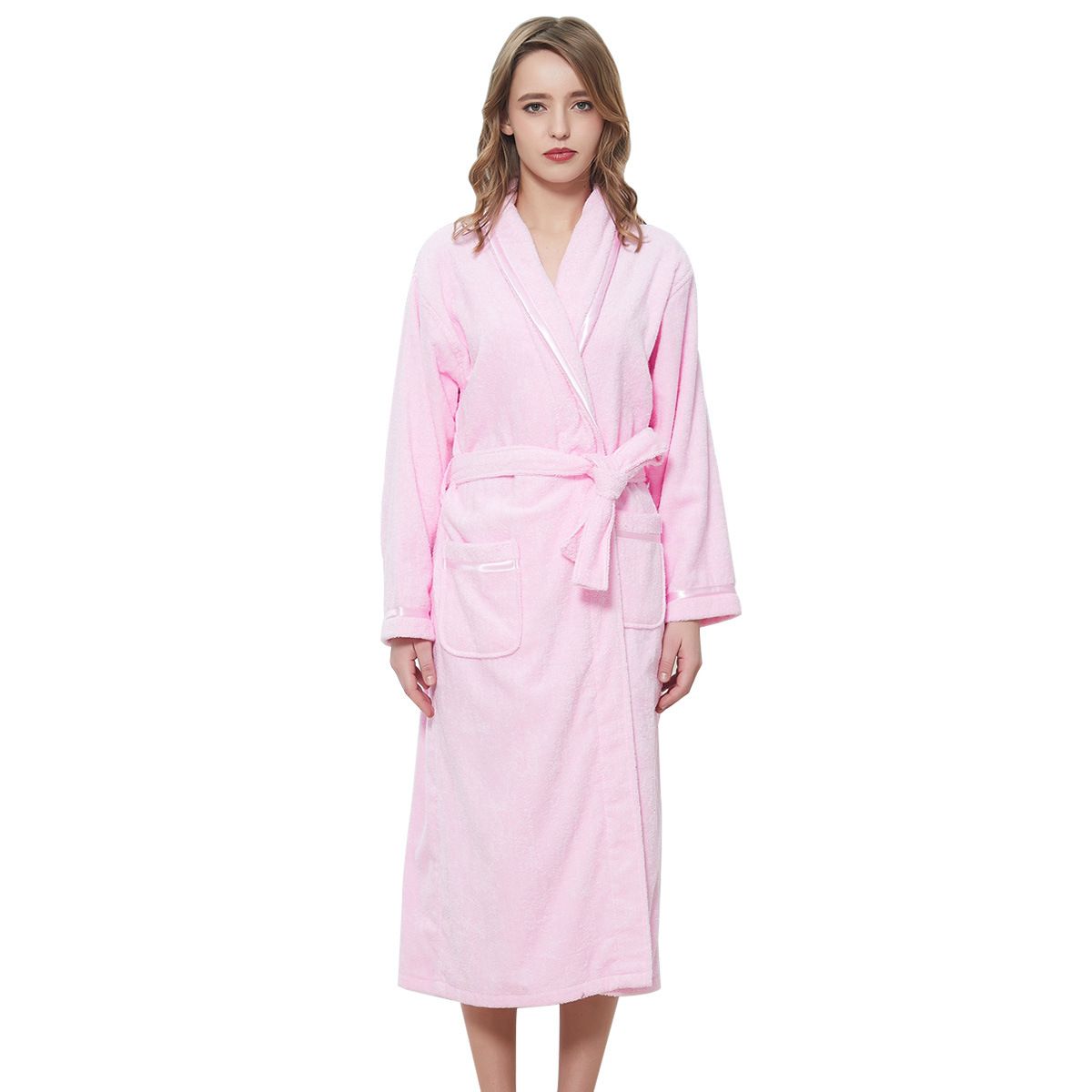 Ren bomullsbadrock för par, nattlinne, vår och höst, lång, absorberande badrock i handduksmaterial för män och kvinnor_voghion.com