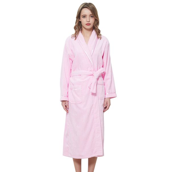 Ren bomullsbadrock för par, nattlinne, vår och höst, lång, absorberande badrock i handduksmaterial för män och kvinnor_voghion.com