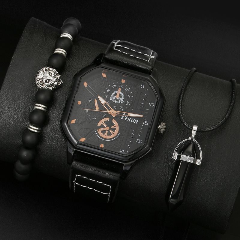 Double Faceted Square Shell Belt Casual Men's Sports Personality Bracelet Set Quartz Daily Anniversary Birthday Valentine's Day Gift_voghion.com