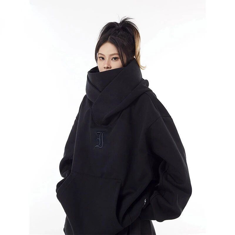 Eenvoudig en modieus herfst- en winterfluwelen coltrui met capuchon, high-end design Ninja-jack met capuchon en hoed voor dames_voghion.com