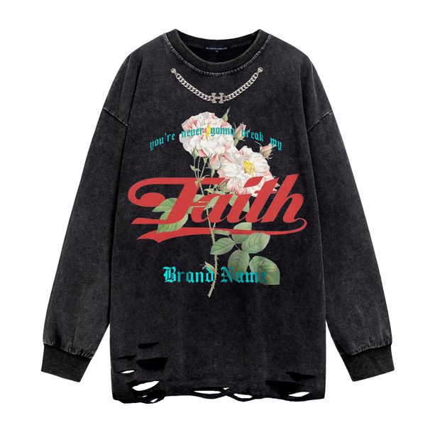 Herrenbekleidung Waschwasser schwarz ein Blumenmuster bedruckte Kette lässig lockerer Hoodie Männer und Frauen gleich_voghion.com