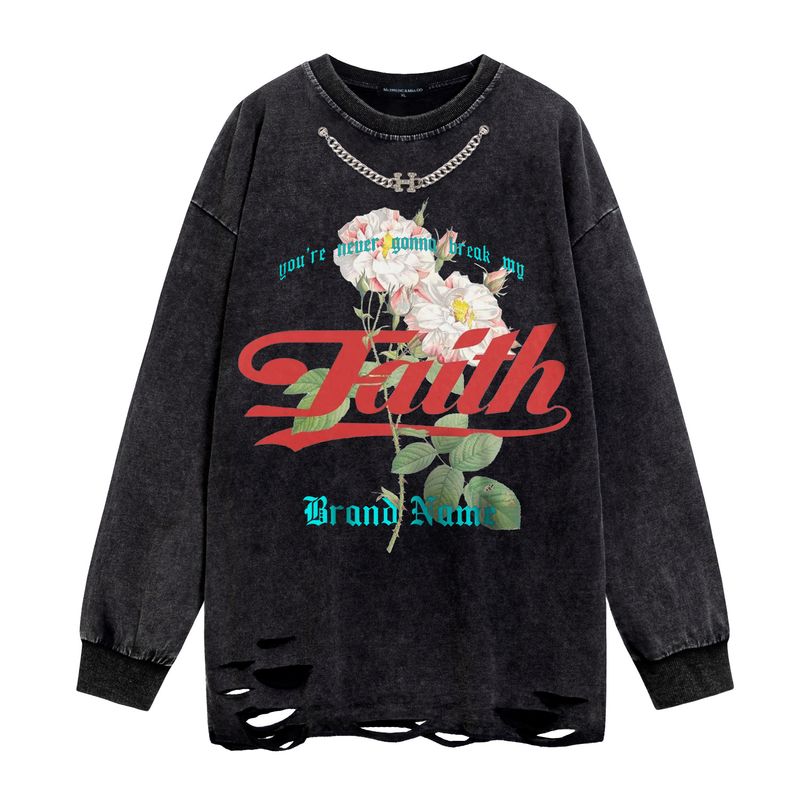 Abbigliamento da uomo Lavare l'acqua nera con una catena stampata con motivo floreale, felpa con cappuccio ampia e casual da uomo e da donna, uguale_voghion.com