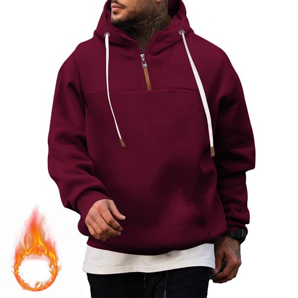Men's Zip-Up Hooded Sweatshirt With Drawstring - Thickened Polyester Pullover For Casual & Sports (Black, White, Navy, Gray, Khaki, Burgundy)_voghion.com