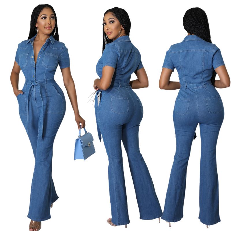 Damesmode denim romper met korte mouwen, romper met klokbodem_voghion.com