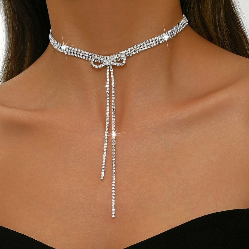Colar com borla e laço - Corrente de clavícula com diamantes para mulheres_voghion.com