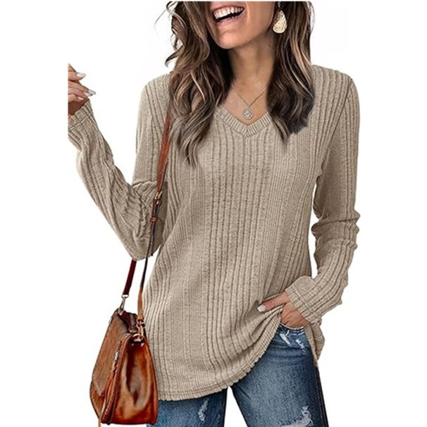 Pull en tricot à manches longues et col en V pour femme - Léger et polyvalent, couleur unie, idéal pour le travail et le quotidien (plusieurs couleurs, S-XXL)_voghion.com