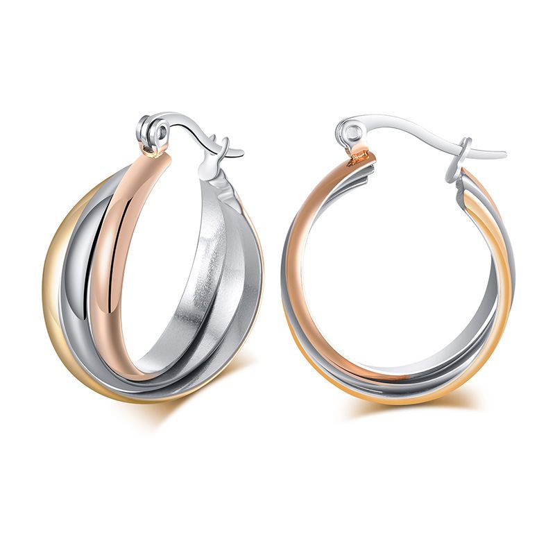 Bijoux pour femmes, boucles d'oreilles trois anneaux en acier titane français, trois couleurs, tempérament, rouge net_voghion.com