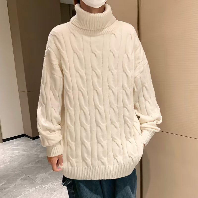 New style turtleneck men's autumn and winter thickened Fried Dough Twists knitwear trend loose solid color top_voghion.com