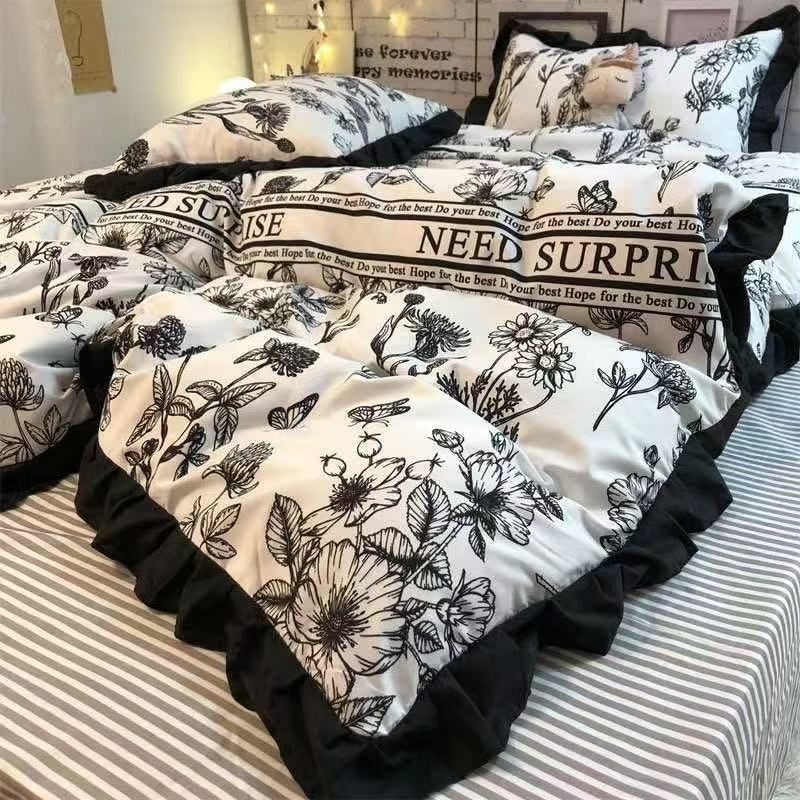 INS French Sheet Four-Piece Hepburn Style Nordic Duvet Cover Single Bed Bedding Three-Piece Set_voghion.com