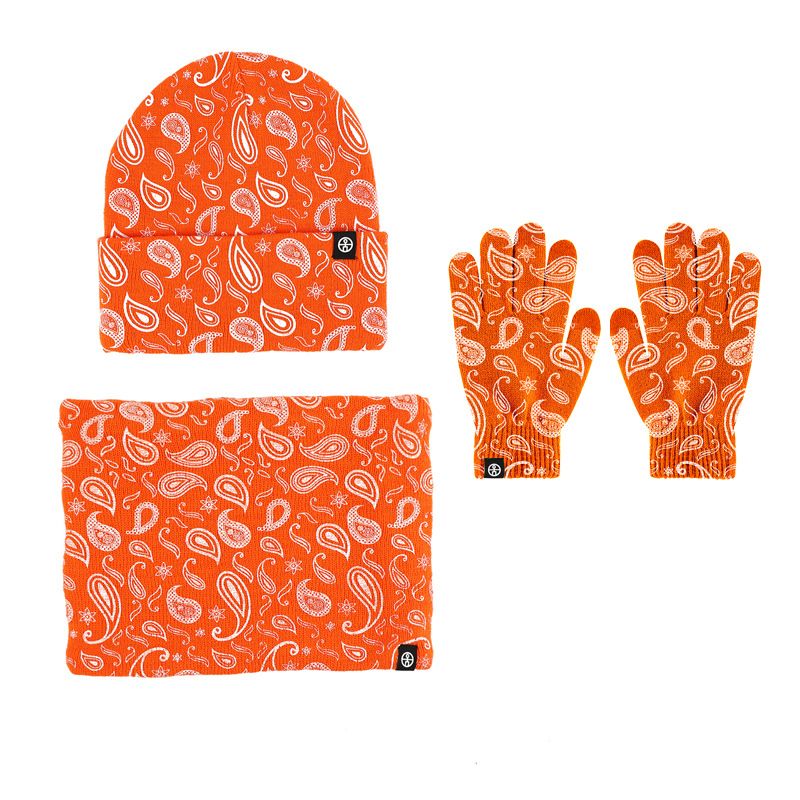 Women's Scarves autumn and winter cashew flower wool hat scarf and gloves three piece set fashionable color printed knitted hat three piece set_voghion.com