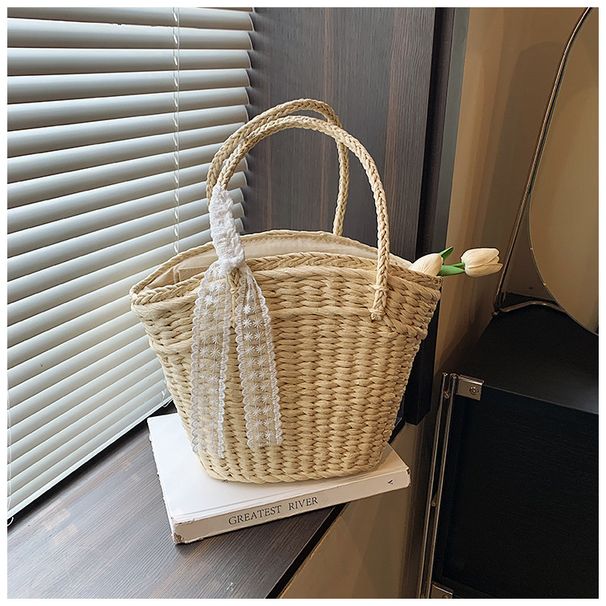 Šiaudinis krepšys, austas krepšys, šiaudinis krepšys moterims, nešiojantis daržovių krepšį, didelės talpos pajūrio atostogų paplūdimio krepšys_voghion.com