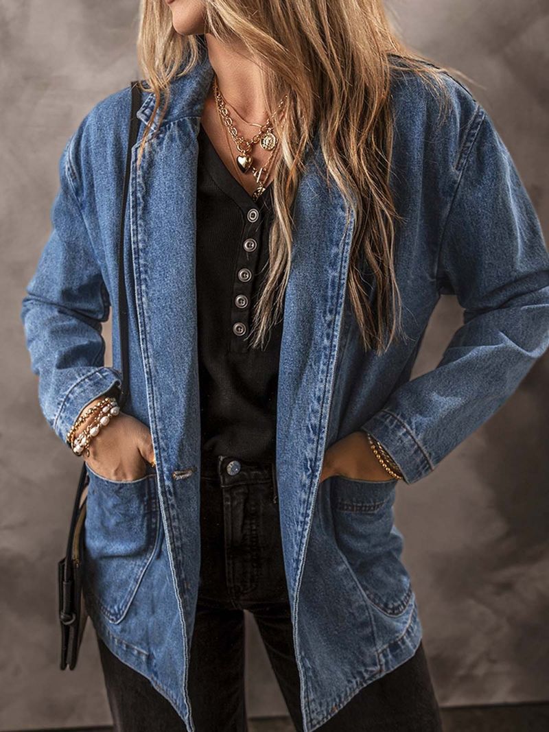 Women's Slim Fit Denim Jacket With Notched Lapel Single Button Open Front Casual Blazer For Spring & Fall​​_voghion.com