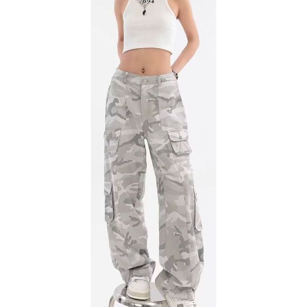 Übergroße hellgraue Camouflage-Cargohose, Unisex, Hip-Hop, mehrere Taschen, lockere, gerade Jogginghose mit Kordelzug_voghion.com