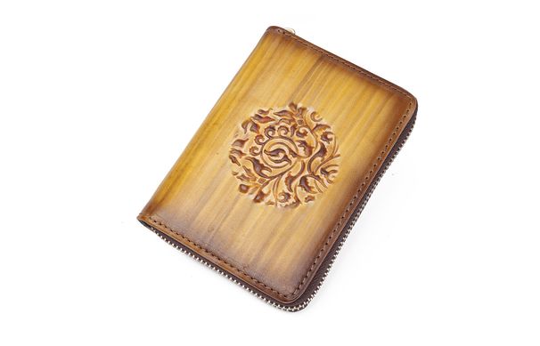 Erstlagiges Rindsleder, geprägt, handpoliert, geräumiges Reißverschluss-Akkordeon-Kartenetui, Retro-Ledergeldbörse_voghion.com