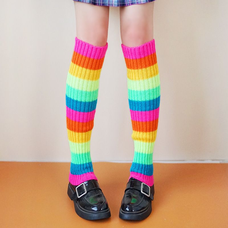 Scaldamuscoli colorati arcobaleno, nuovi, JK Girl, gonna corta, calzini in pile Lolita abbinati_voghion.com