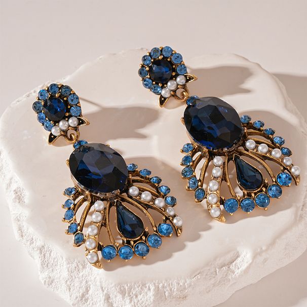 Retro blue diamond-set pearl water drop silver needle earrings light luxury court style premium earrings_voghion.com