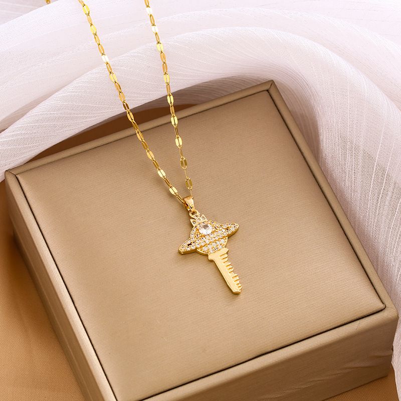 Minimalist Personality Ins Style Temperament Cross Planet Key Pendant Necklace Collarbone Chain_voghion.com